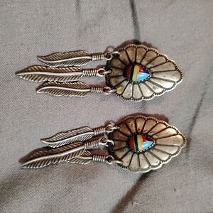 Real Silver and turquoise Feather Earrings with Rainbow Detail
